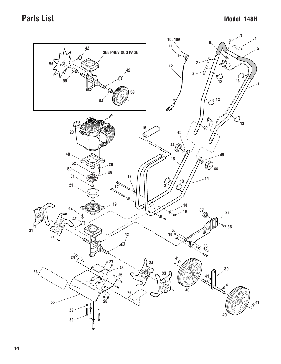 Parts list, Model 148h | Troy-Bilt 148H User Manual | Page 14 / 16