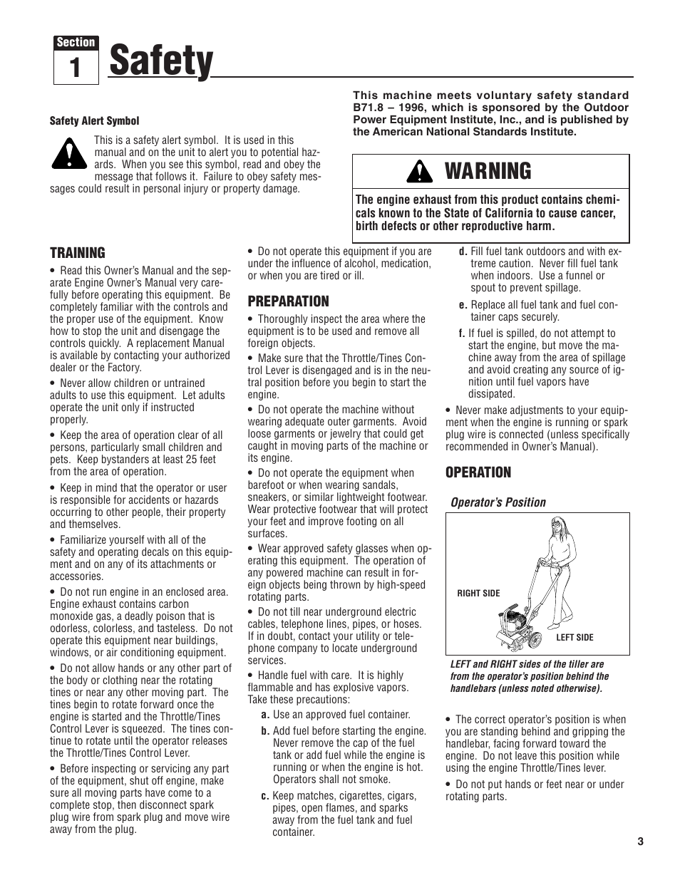 Safety, Warning | Troy-Bilt 148H User Manual | Page 3 / 16