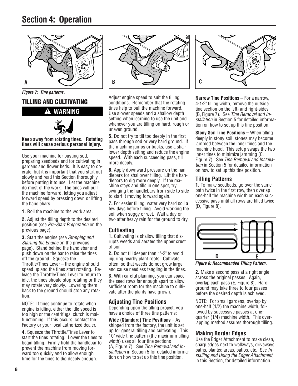 Tilling and cultivating, Warning | Troy-Bilt 148H User Manual | Page 8 / 16