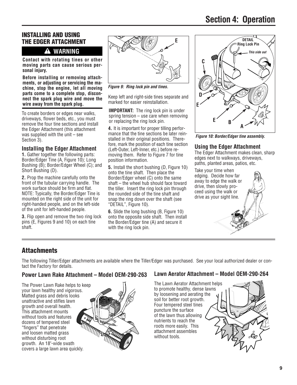 Attachments, Installing and using the edger attachment, Warning | Troy-Bilt 148H User Manual | Page 9 / 16