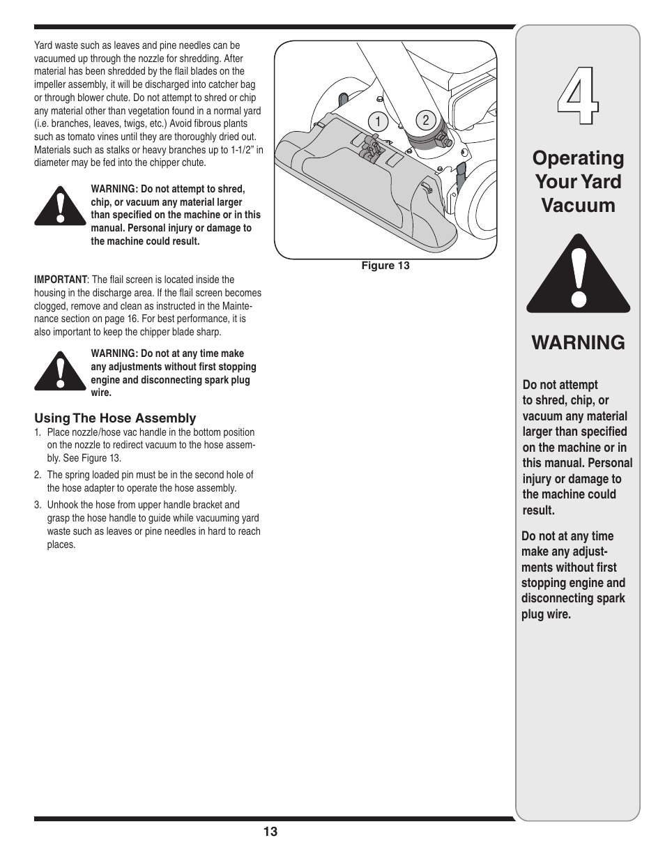 Operating your yard vacuum warning | Troy-Bilt 071 User Manual | Page 13 / 24