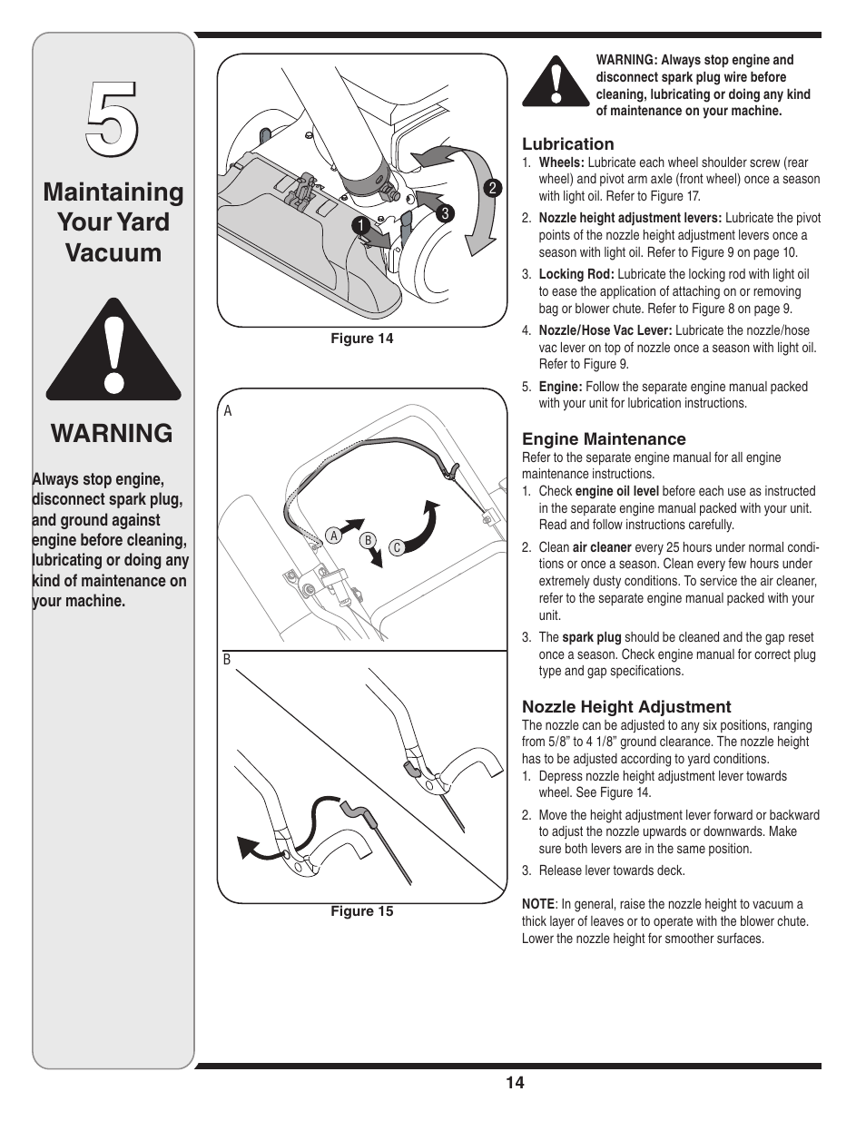 Maintaining your yard vacuum warning | Troy-Bilt 071 User Manual | Page 14 / 24