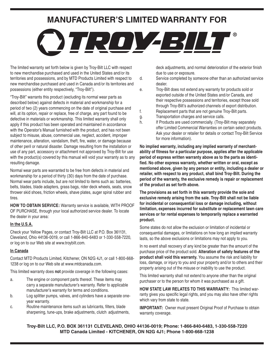 Manufacturer’s limited warranty for | Troy-Bilt 071 User Manual | Page 24 / 24