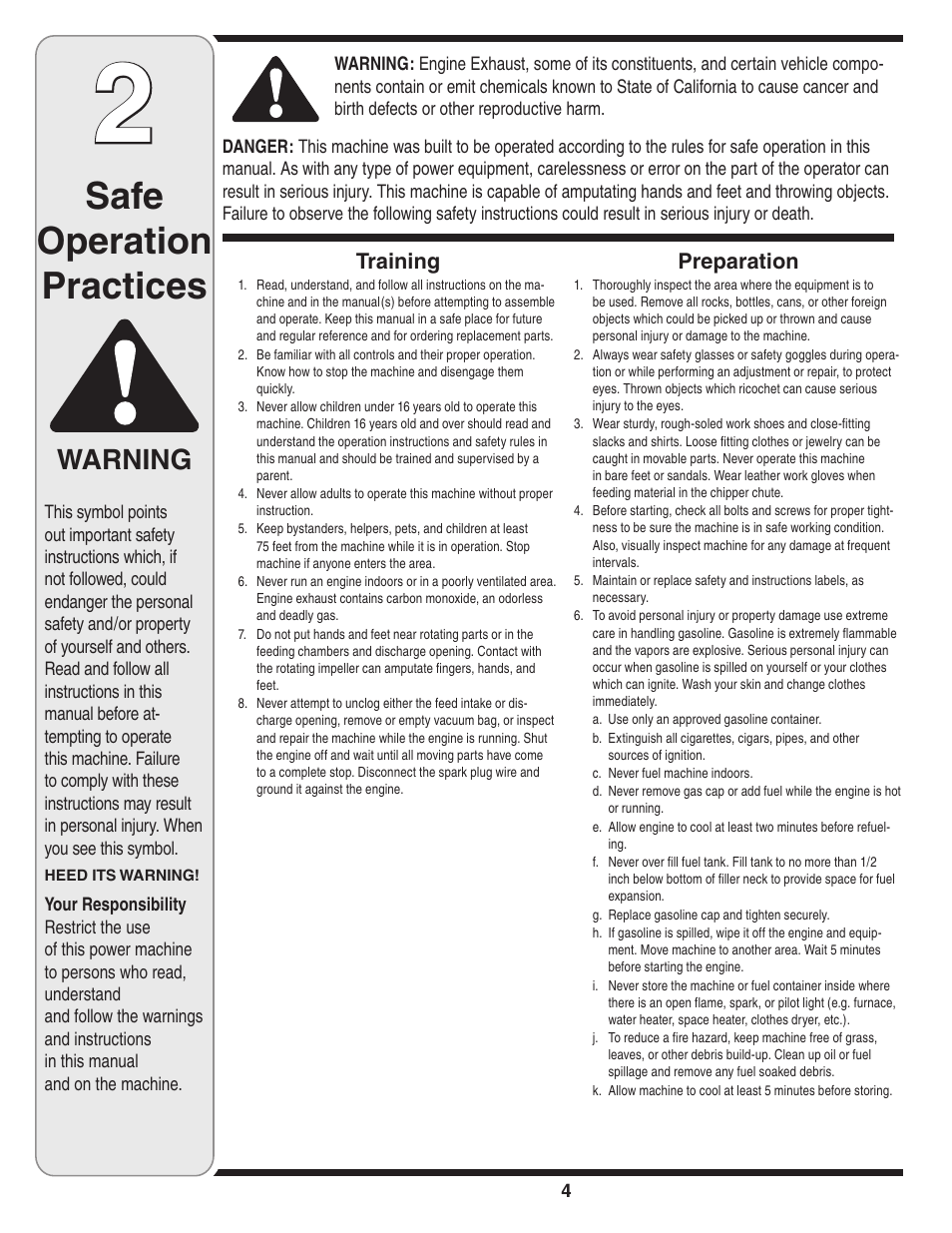 Safe operation practices, Warning | Troy-Bilt 071 User Manual | Page 4 / 24