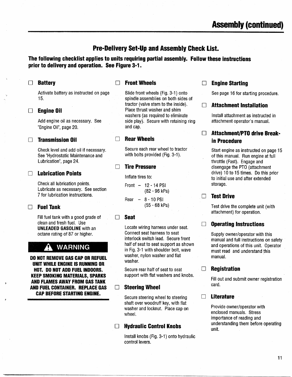 Battery, Engine oil, Transmission oil | Lubrication points, Fuel tank, A warning, Front wheels, Rear wheels, Tire pressure, Seat | Troy-Bilt GTX 20 User Manual | Page 11 / 28