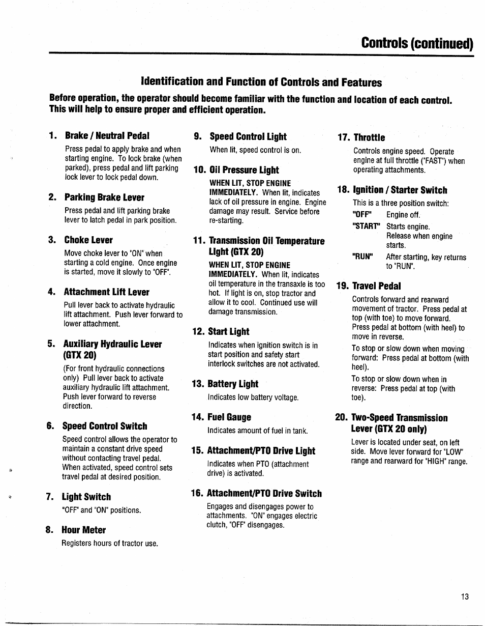 Brake / neutral pedal, Parking brake lever, Choke lever | Attachment lift lever, Auxiliary hydraulic lever (gtx20), Speed control switch, Light switch, Hour meter, Speed control light, Oil pressure light | Troy-Bilt GTX 20 User Manual | Page 13 / 28