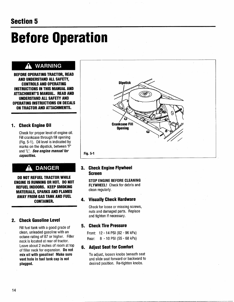 Before operation, A warning, A danger | Check gasoline level, Check engine flywheel screen, Visually check hardware, Check tire pressure, Adjust seat for comfort | Troy-Bilt GTX 20 User Manual | Page 14 / 28