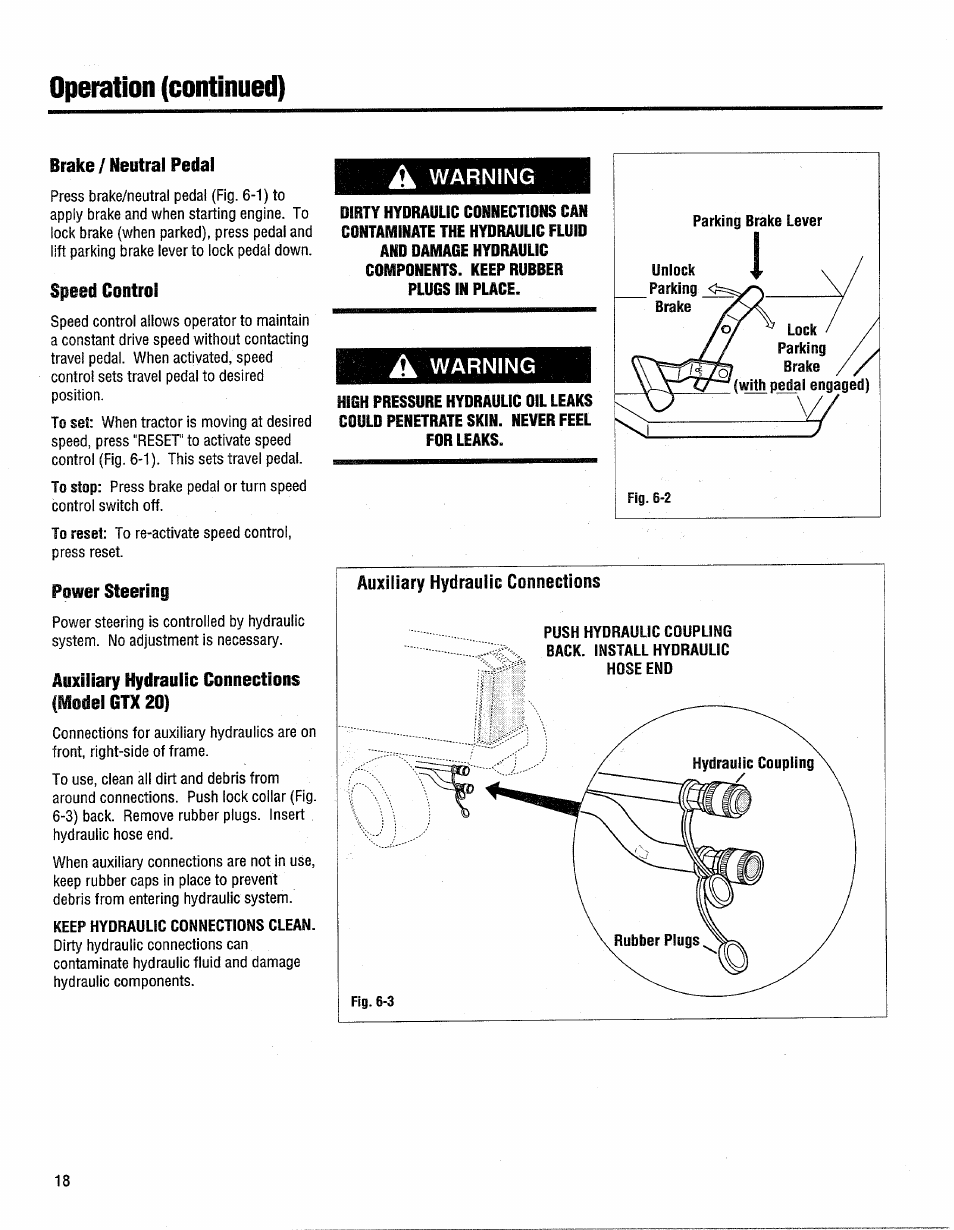 Brake / neutral pedal, Speed control, Power steering | Auxiliary hydraulic connections (model gtx 20), Warning, Brake/neutral pedal, Auxiliary hydraulic connections, Operation (continued) | Troy-Bilt GTX 20 User Manual | Page 18 / 28