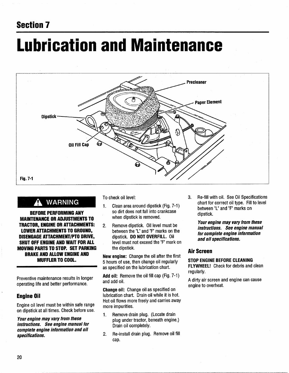 Lubrication and maintenance, Warning, Engine oil | Air screen | Troy-Bilt GTX 20 User Manual | Page 20 / 28