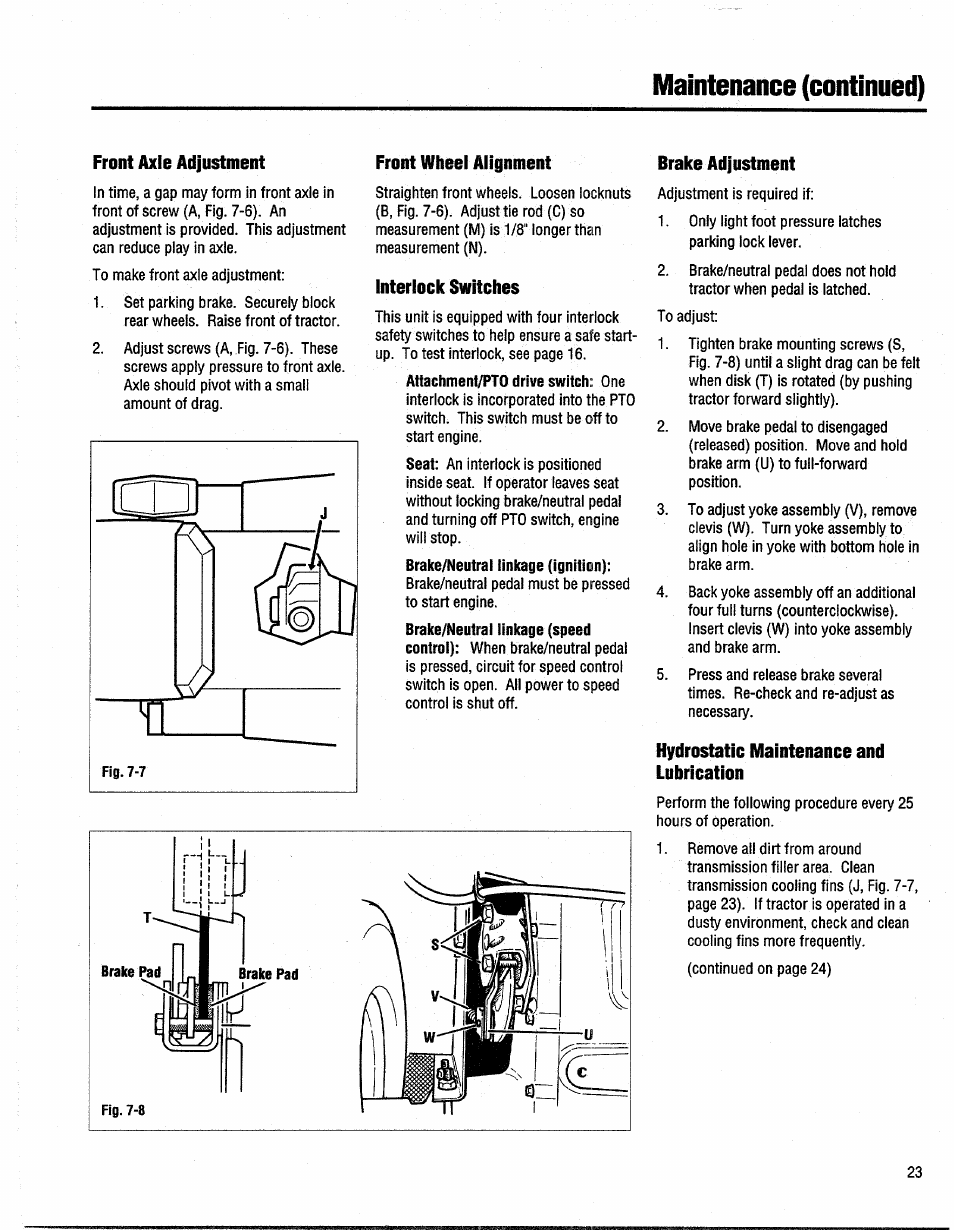 Front axle adjustment, Front wheel alignment, Interlock switches | Brake adjustment, Hydrostatic maintenance and lubrication, Hydro maintenance and lubrication, Maintenance (continued) | Troy-Bilt GTX 20 User Manual | Page 23 / 28