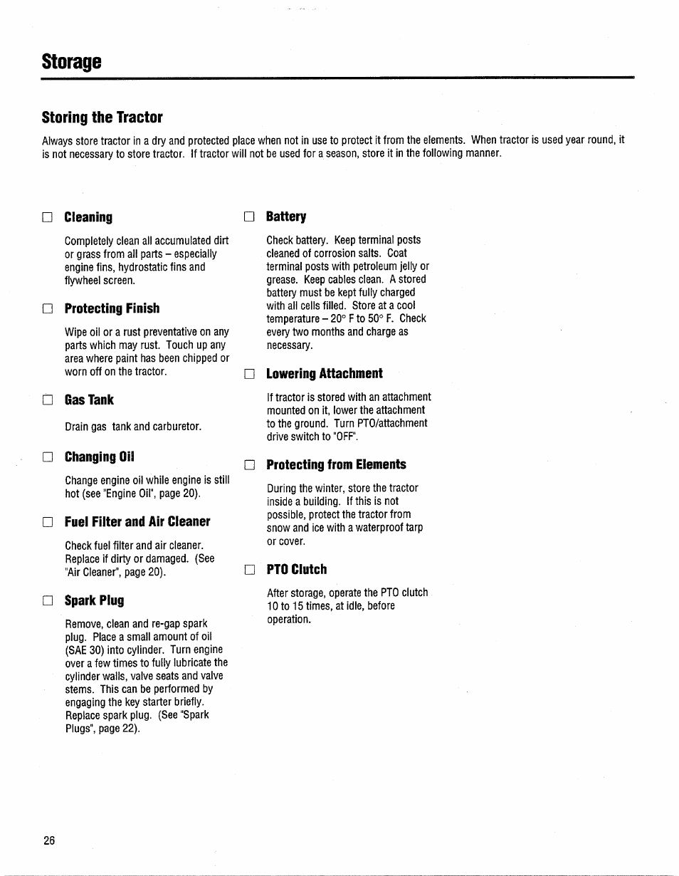 Cleaning, Protecting finish, Gas tank | Changing oil, Fuei filter and air cleaner, Sparkplug, Battery, Lowering attachment, Protecting from elements, Pto clutch | Troy-Bilt GTX 20 User Manual | Page 26 / 28