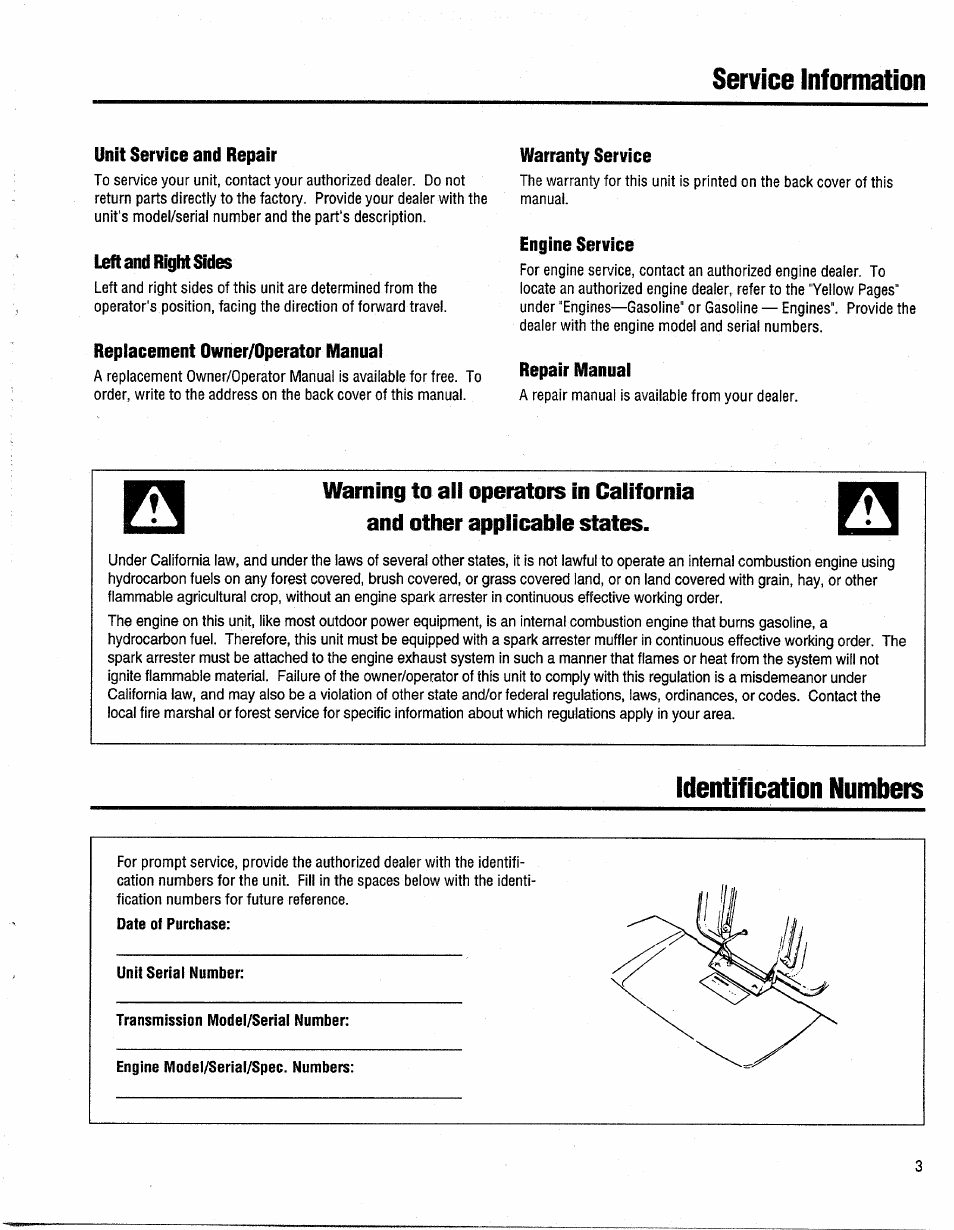 Unit service and repair, Left and right sides, Replacement owner/operator manual | Warranty service, Engine service, Repair manual, Service information, Identification numbers | Troy-Bilt GTX 20 User Manual | Page 3 / 28