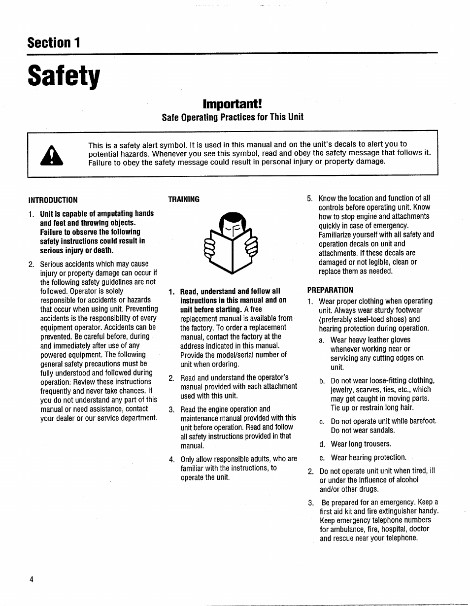 Safety, Important, Safe operating practices for this unit | Troy-Bilt GTX 20 User Manual | Page 4 / 28