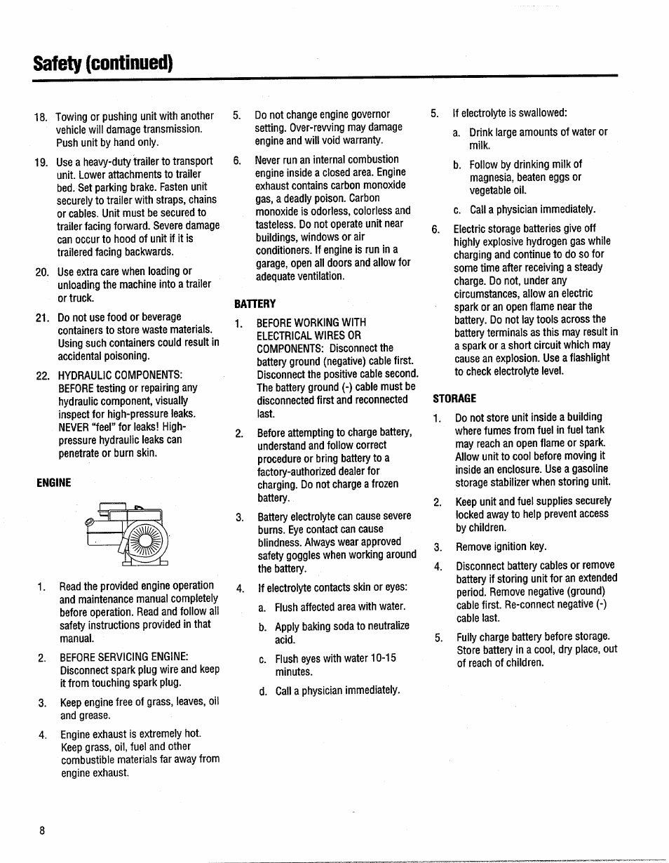 Engine, Bahery, Storage | Safety (continued) | Troy-Bilt GTX 20 User Manual | Page 8 / 28