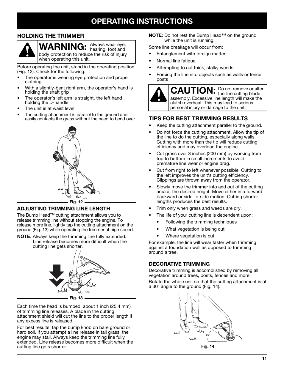 Caution, Warning, Operating instructions | Troy-Bilt TB20DC User Manual | Page 11 / 64