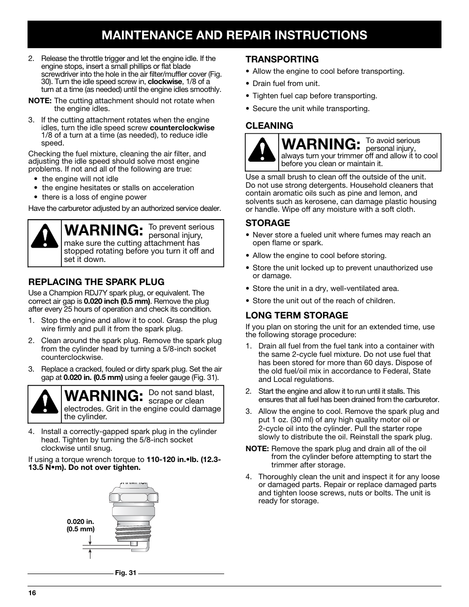 Warning, Maintenance and repair instructions | Troy-Bilt TB20DC User Manual | Page 16 / 64
