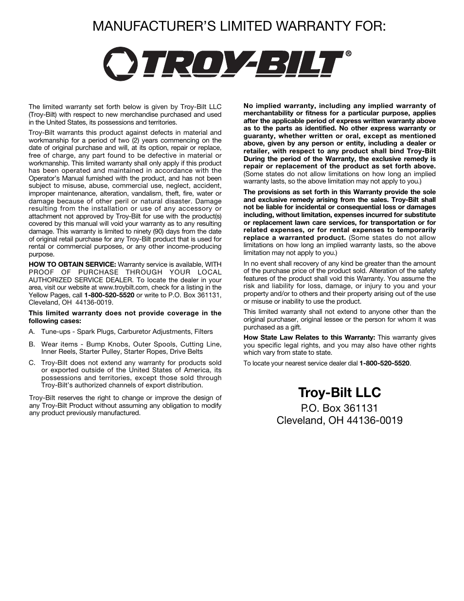 Manufacturer’s limited warranty for, Troy-bilt llc | Troy-Bilt TB20DC User Manual | Page 20 / 64