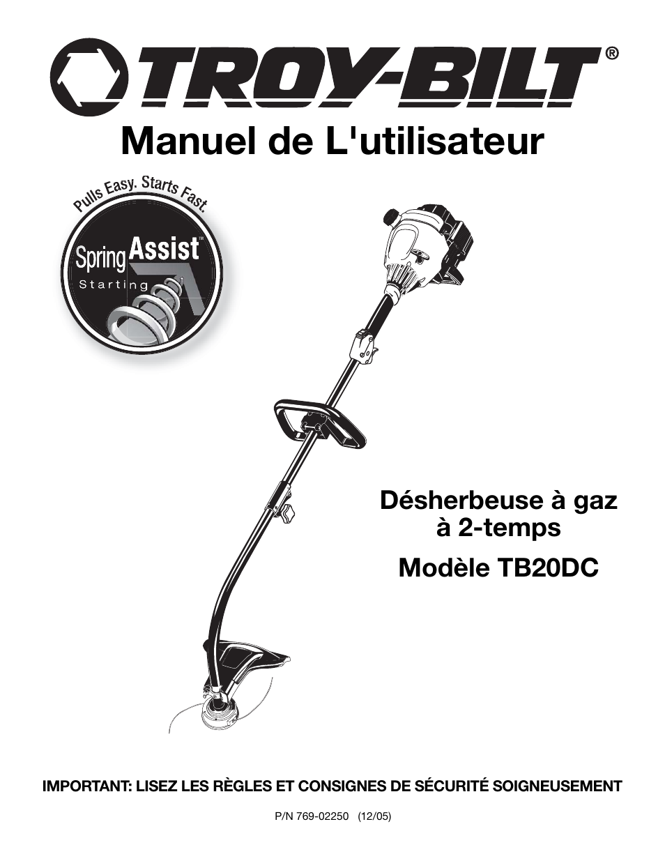 Manuel de l'utilisateur, Désherbeuse à gaz à 2-temps modèle tb20dc | Troy-Bilt TB20DC User Manual | Page 21 / 64