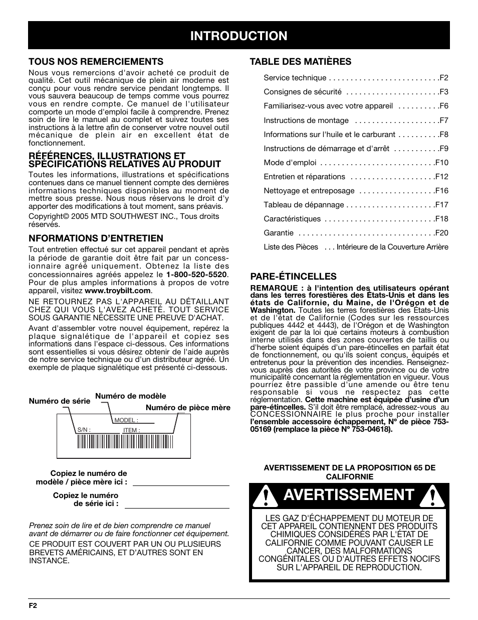 Avertissement, Introduction | Troy-Bilt TB20DC User Manual | Page 22 / 64