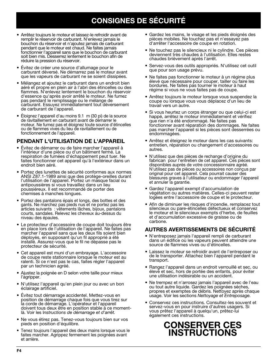 Conserver ces instructions, Consignes de sécurité | Troy-Bilt TB20DC User Manual | Page 24 / 64