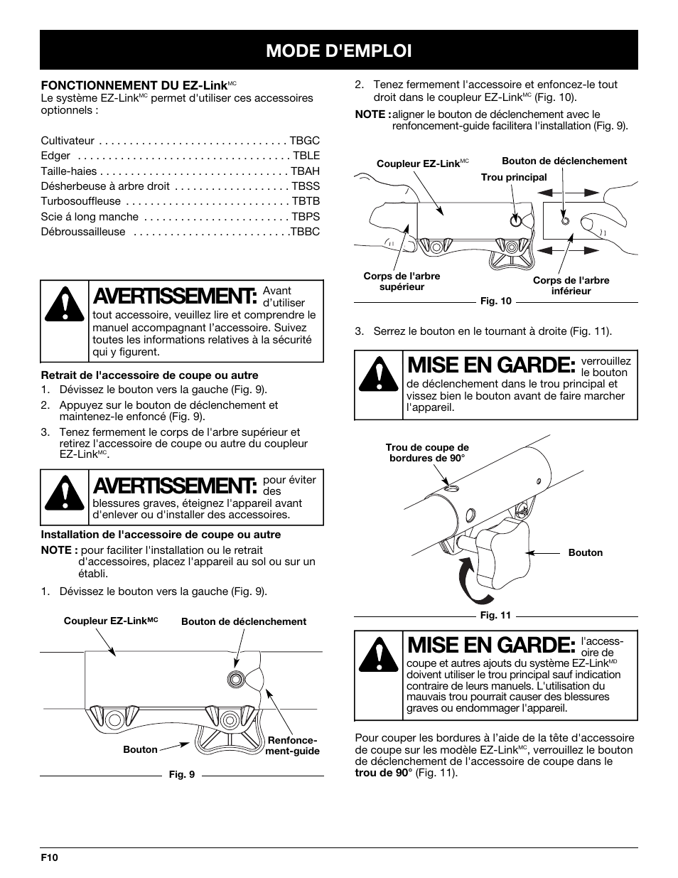 Mise en garde, Avertissement, Mode d'emploi | Troy-Bilt TB20DC User Manual | Page 30 / 64