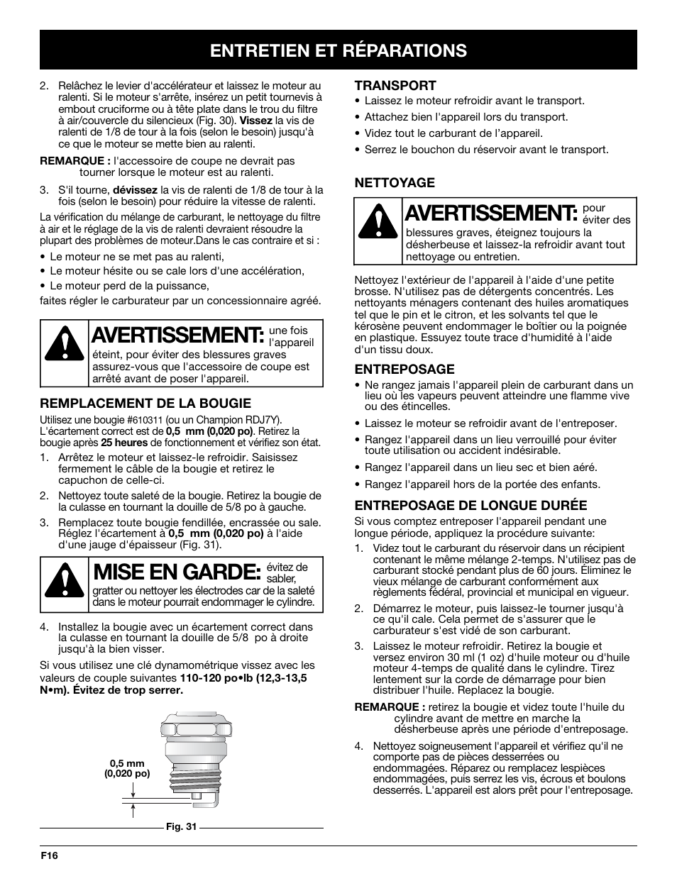 Avertissement, Mise en garde, Entretien et réparations | Troy-Bilt TB20DC User Manual | Page 36 / 64