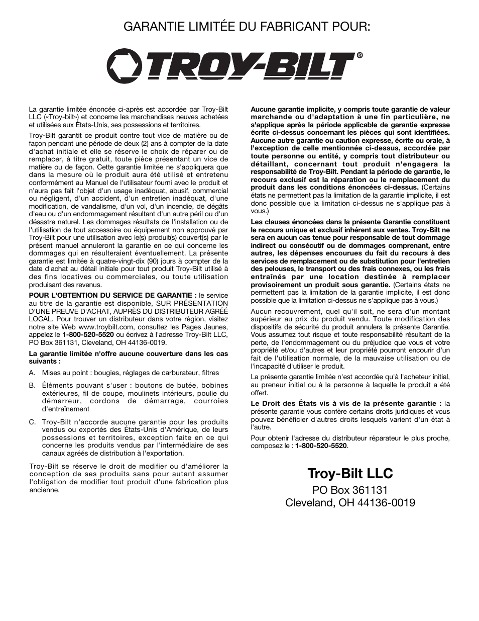 Troy-bilt llc, Garantie limitée du fabricant pour | Troy-Bilt TB20DC User Manual | Page 40 / 64