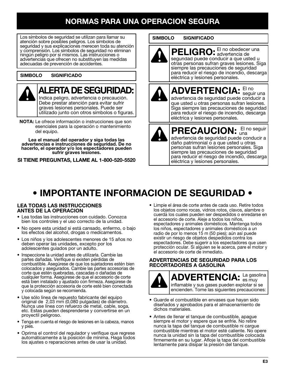 Importante informacion de seguridad, Advertencia, Peligro | Precaucion, Alerta de seguridad, Normas para una operacion segura | Troy-Bilt TB20DC User Manual | Page 43 / 64