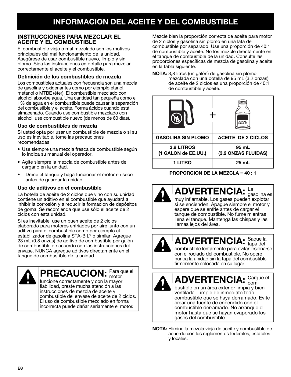 Precaucion, Advertencia, Informacion del aceite y del combustible | Troy-Bilt TB20DC User Manual | Page 48 / 64