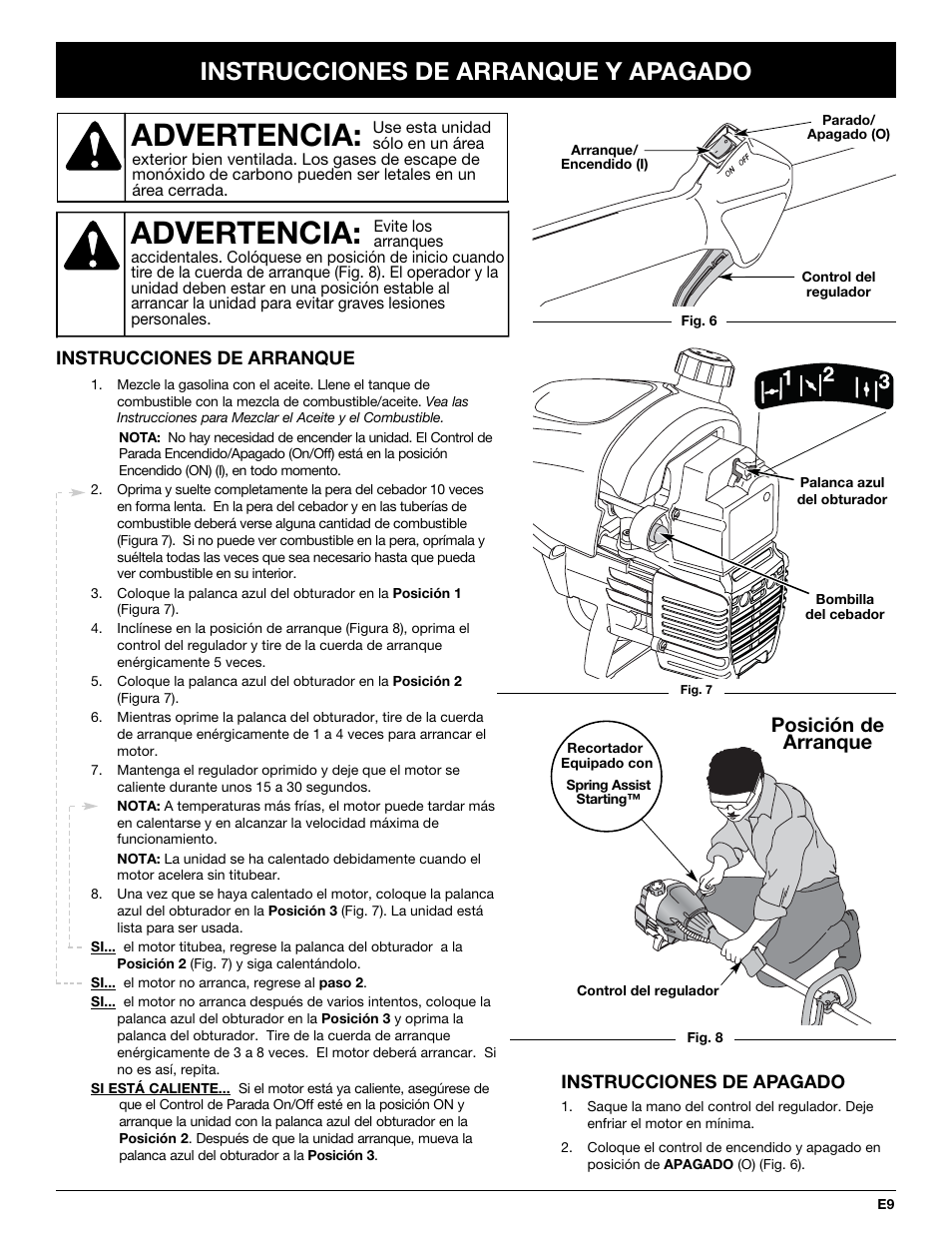 Advertencia, Instrucciones de arranque y apagado, Posición de arranque | Troy-Bilt TB20DC User Manual | Page 49 / 64