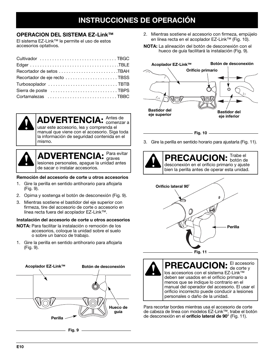 Precaucion, Advertencia, Instrucciones de operación | Troy-Bilt TB20DC User Manual | Page 50 / 64