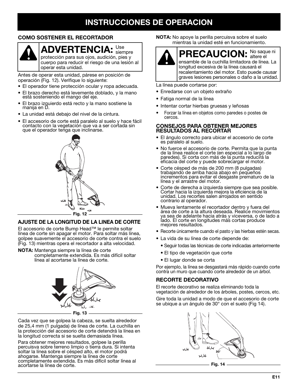 Advertencia, Precaucion, Instrucciones de operacion | Troy-Bilt TB20DC User Manual | Page 51 / 64