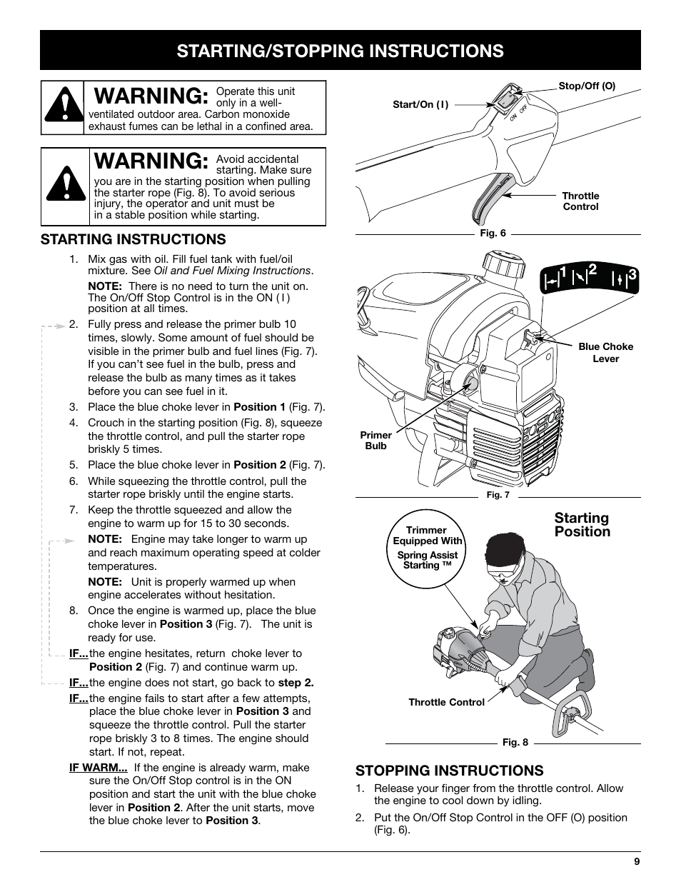 Warning, Starting/stopping instructions, Starting instructions | Stopping instructions, Starting position | Troy-Bilt TB20DC User Manual | Page 9 / 64