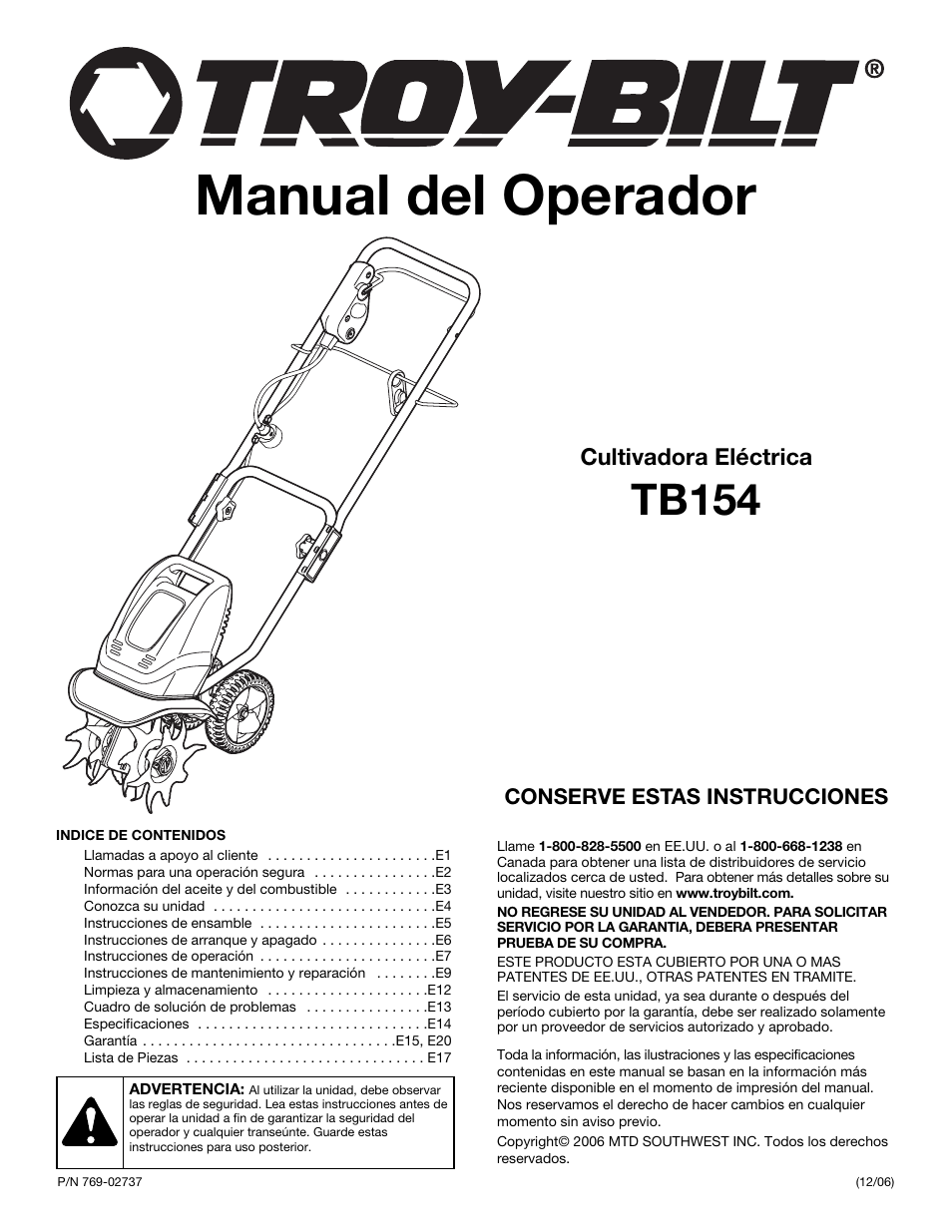 Manual del operador, Tb154, Cultivadora eléctrica | Troy-Bilt TB154 User Manual | Page 15 / 28