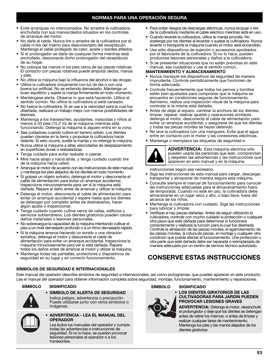 Conserve estas instrucciones | Troy-Bilt TB154 User Manual | Page 17 / 28