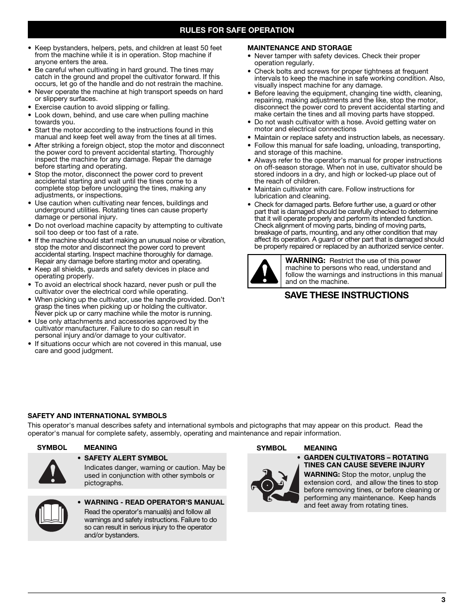 Save these instructions | Troy-Bilt TB154 User Manual | Page 3 / 28