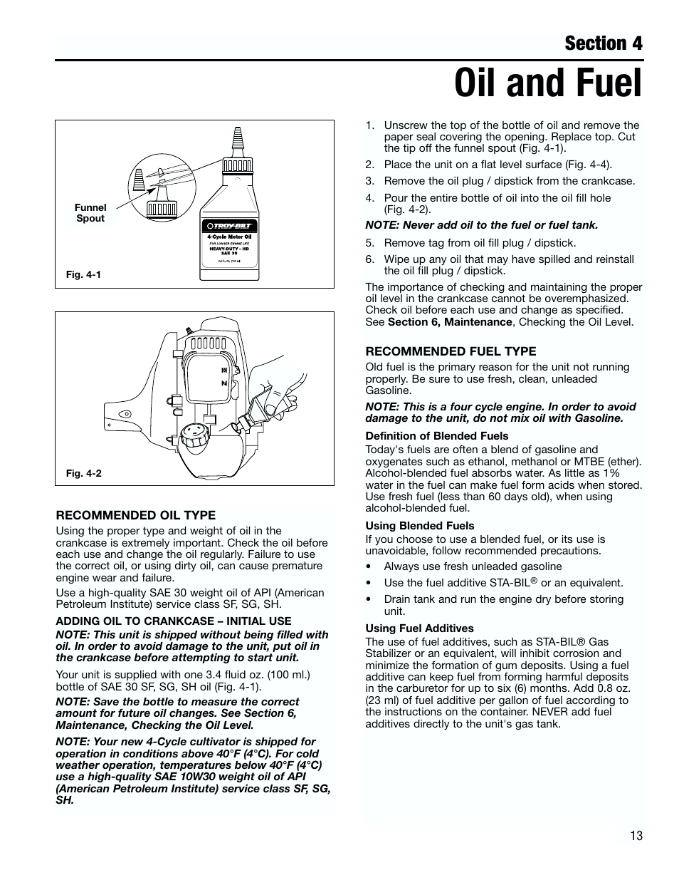 Oil and fuel | Troy-Bilt 182826 TB4000 User Manual | Page 13 / 28