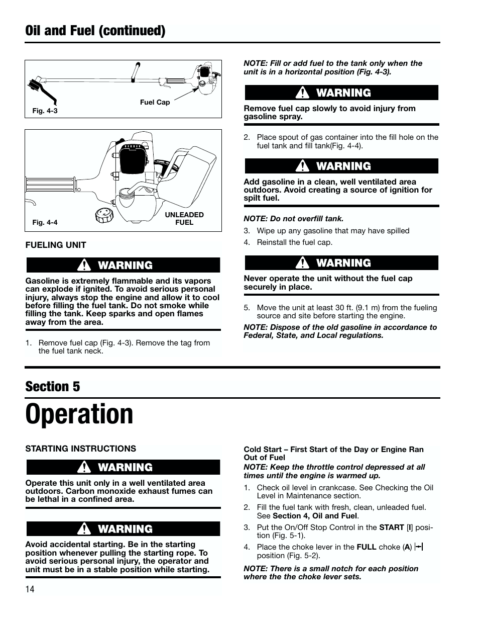 Operation, Oil and fuel (continued) | Troy-Bilt 182826 TB4000 User Manual | Page 14 / 28