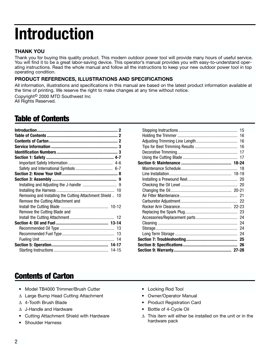 Introduction, Table of contents contents of carton | Troy-Bilt 182826 TB4000 User Manual | Page 2 / 28