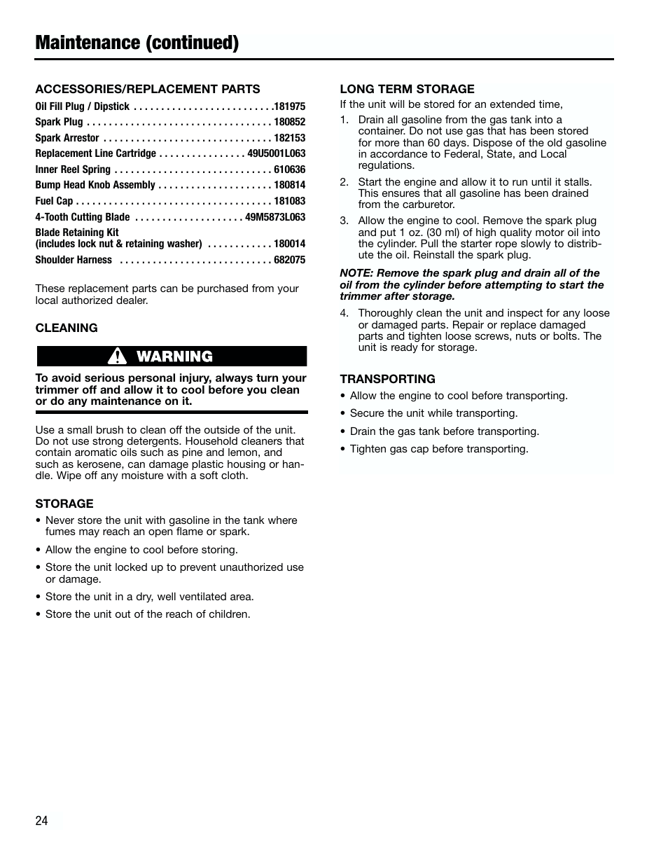 Maintenance (continued) | Troy-Bilt 182826 TB4000 User Manual | Page 24 / 28