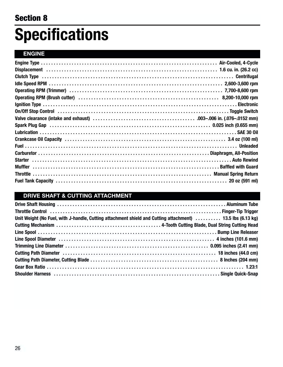 Specifications | Troy-Bilt 182826 TB4000 User Manual | Page 26 / 28