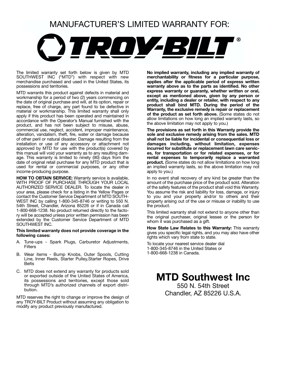 Mtd southwest inc, Manufacturer’s limited warranty for | Troy-Bilt 182826 TB4000 User Manual | Page 28 / 28