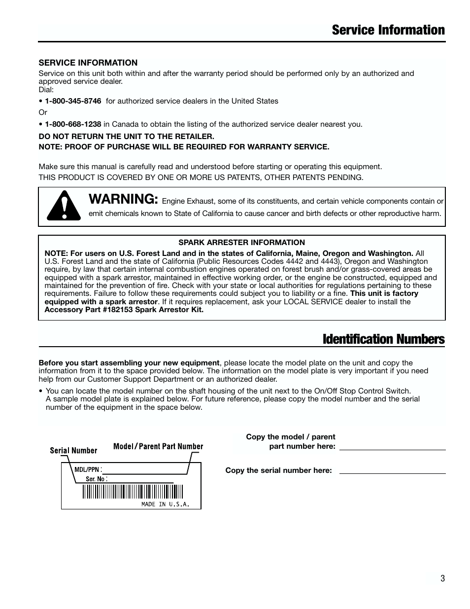Service information, Warning, Identification numbers | Troy-Bilt 182826 TB4000 User Manual | Page 3 / 28