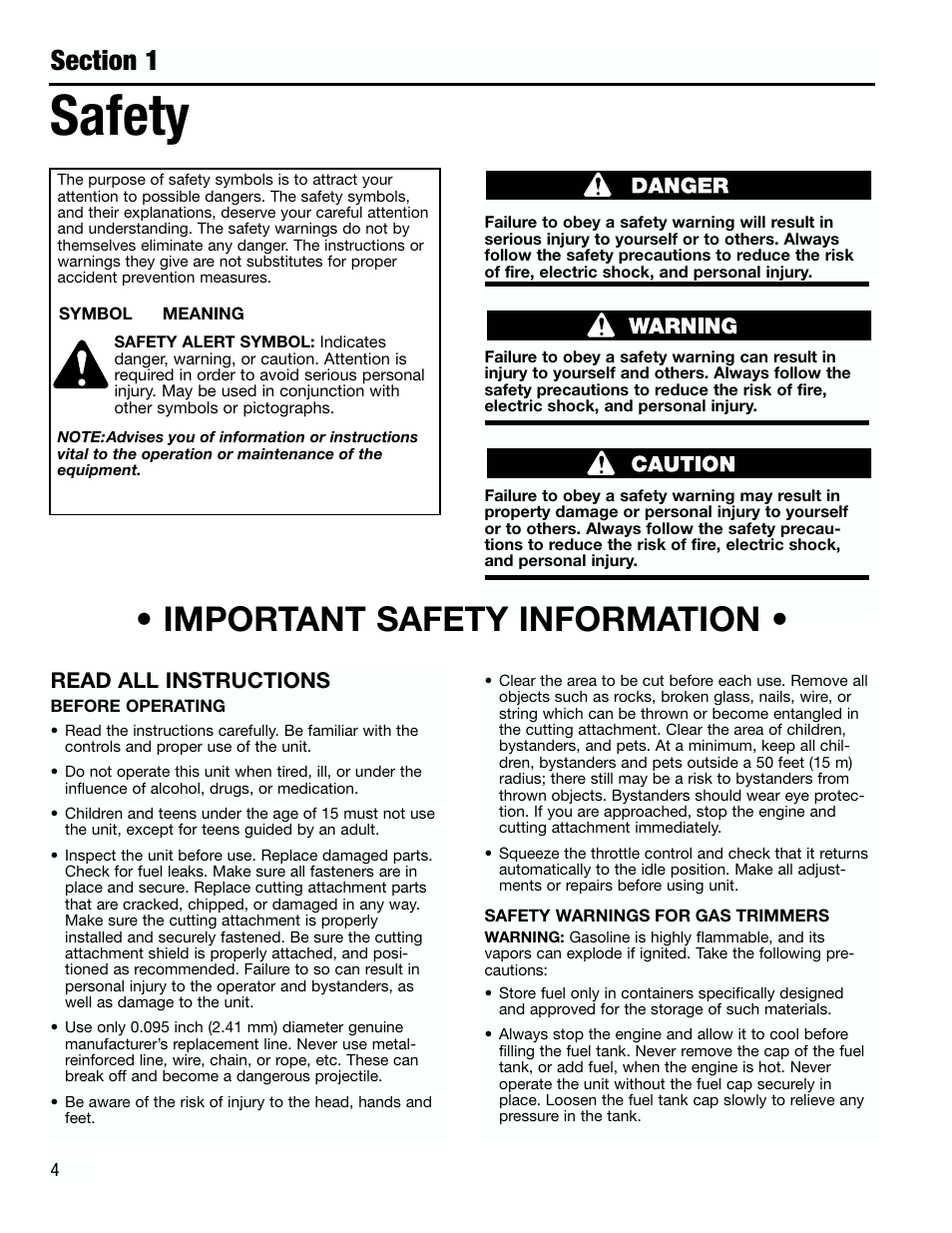Safety, Important safety information | Troy-Bilt 182826 TB4000 User Manual | Page 4 / 28