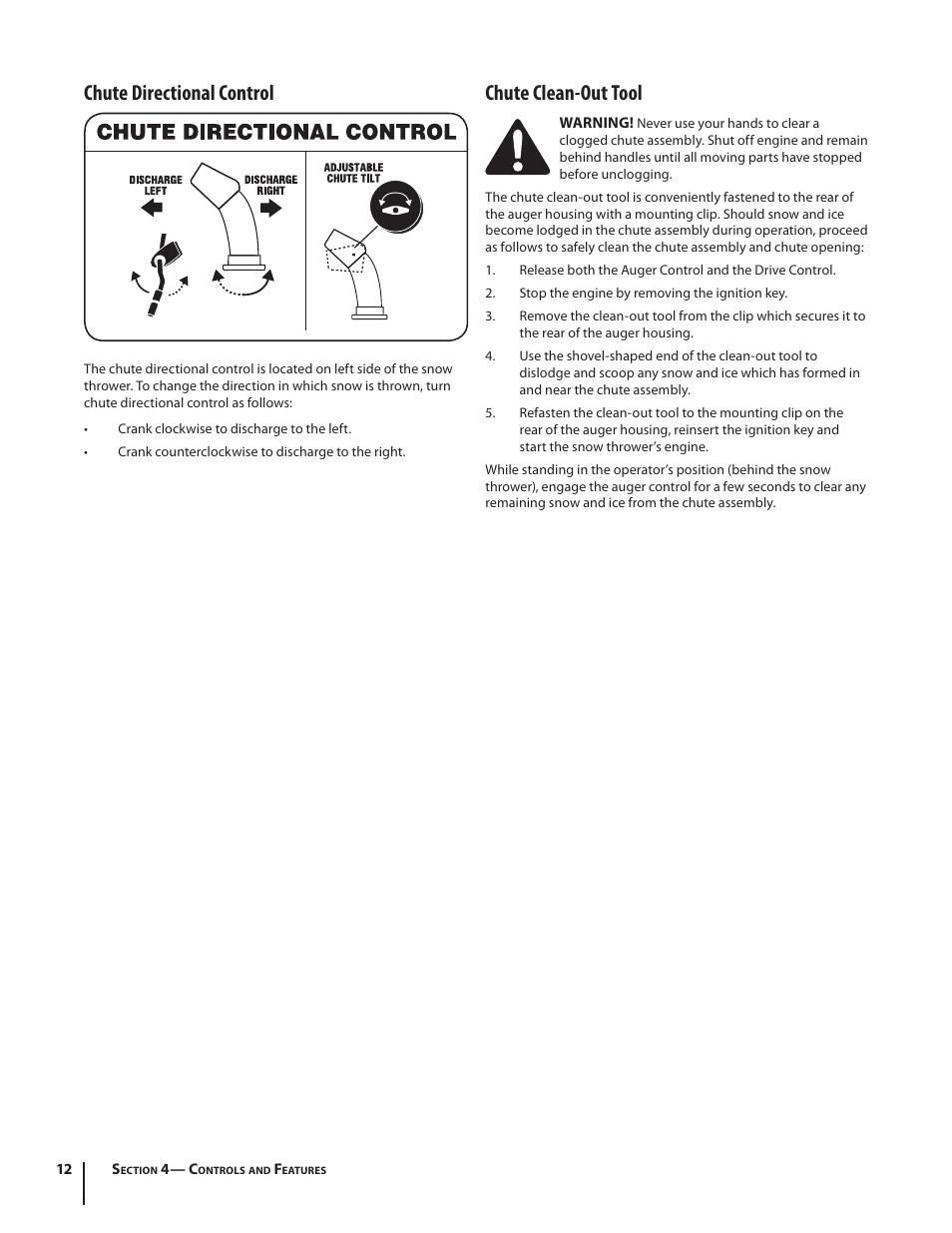Chute directional control, Chute clean-out tool | Troy-Bilt 5024 User Manual | Page 12 / 56