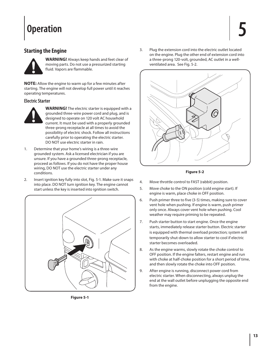 Operation, Starting the engine | Troy-Bilt 5024 User Manual | Page 13 / 56