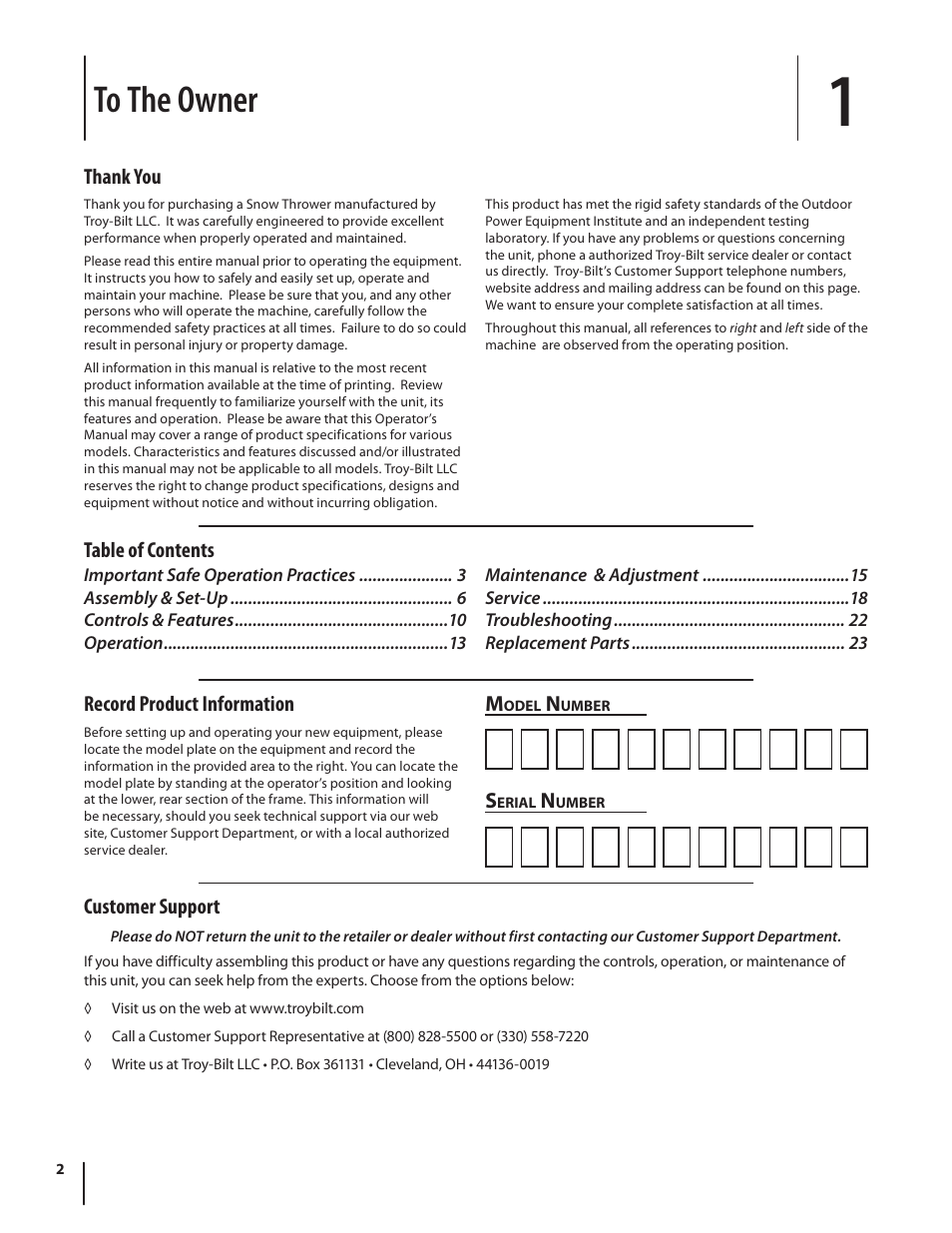 Record product information, Table of contents m, Customer support | Troy-Bilt 5024 User Manual | Page 2 / 56