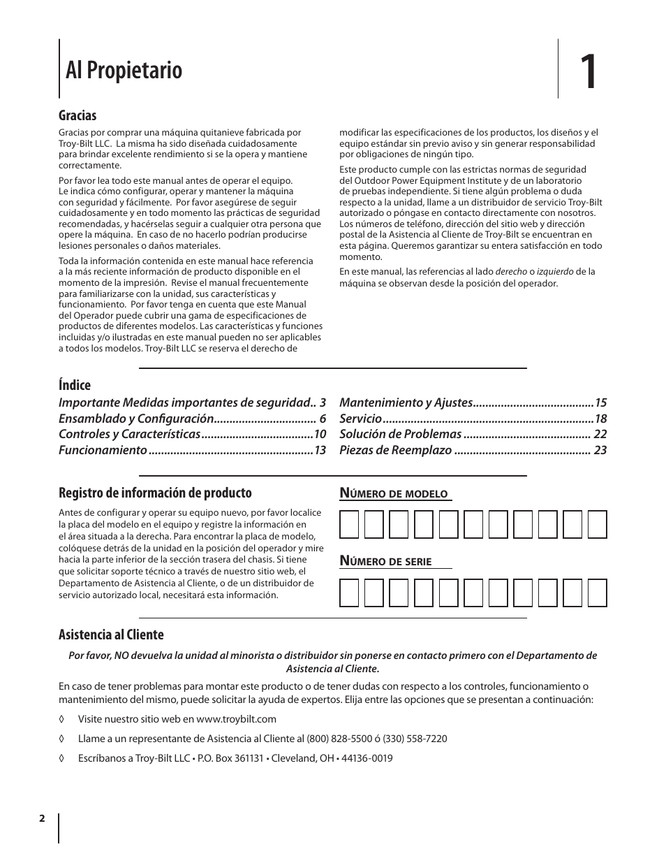 Al propietario, Asistencia al cliente, Gracias | Índice n, Registro de información de producto | Troy-Bilt 5024 User Manual | Page 30 / 56