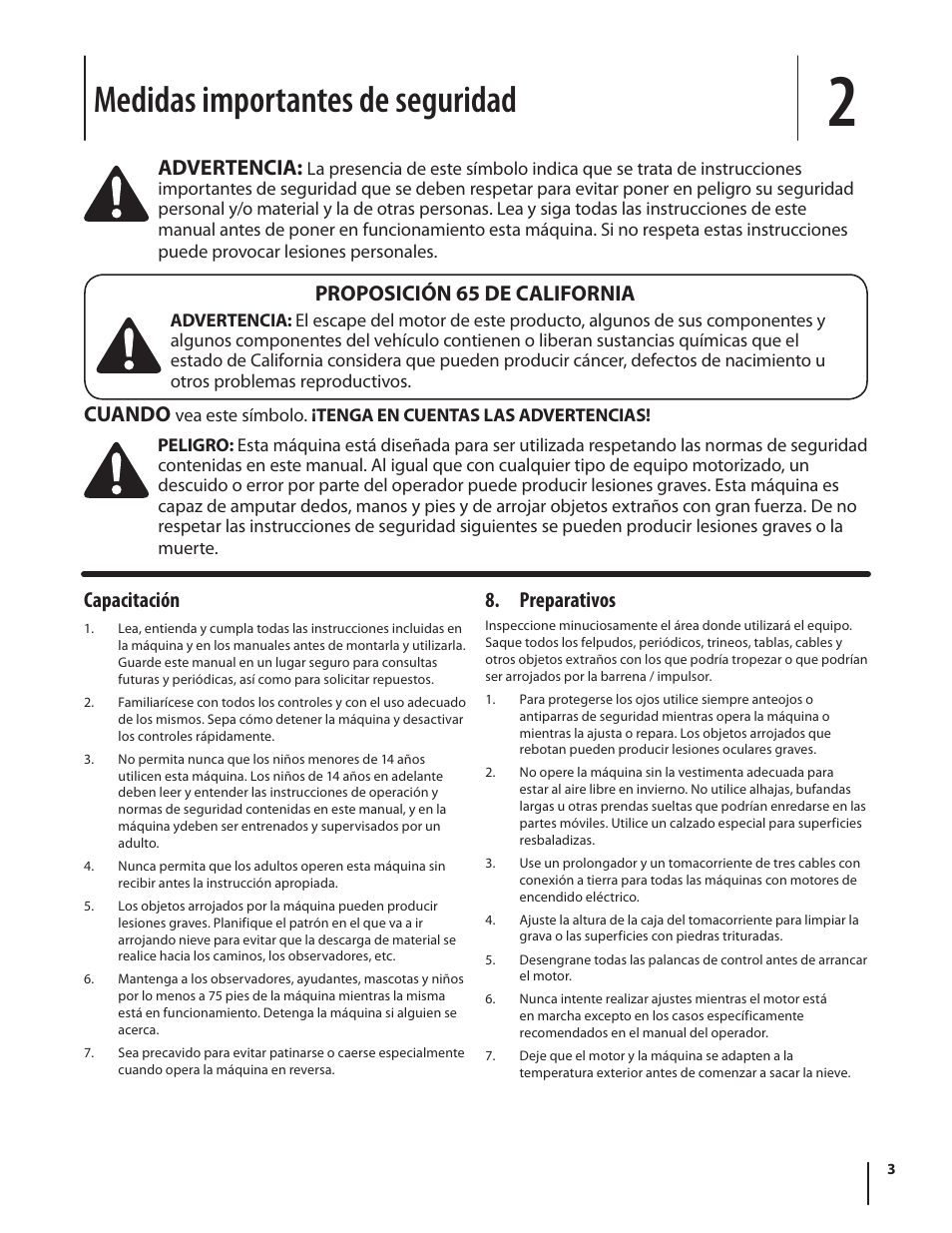 Medidas importantes de seguridad, Capacitación, Preparativos | Advertencia, Cuando, Proposición 65 de california | Troy-Bilt 5024 User Manual | Page 31 / 56