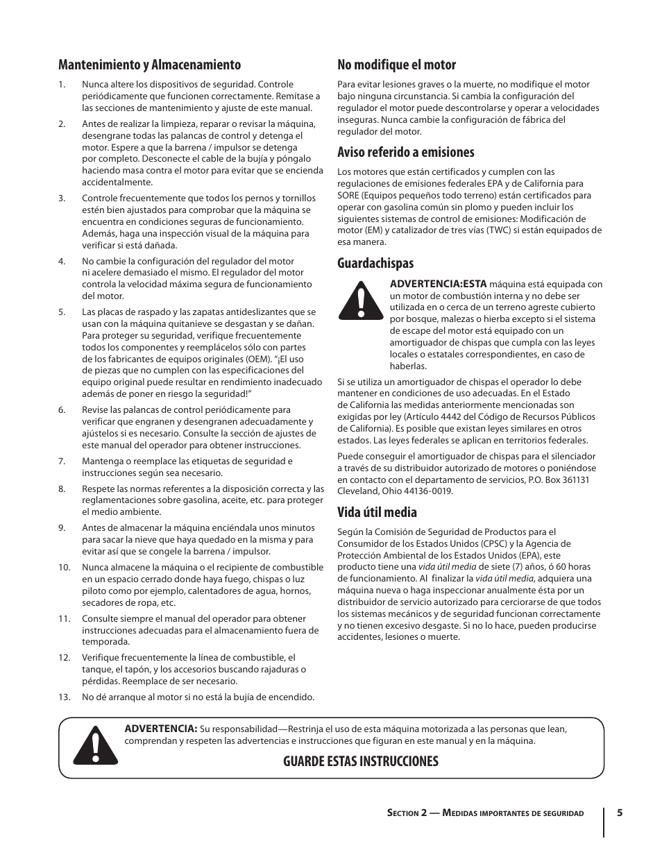 Mantenimiento y almacenamiento, No modifique el motor, Aviso referido a emisiones | Guardachispas, Vida útil media, Guarde estas instrucciones | Troy-Bilt 5024 User Manual | Page 33 / 56